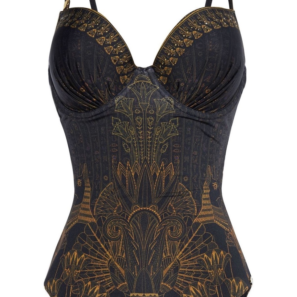 Camilla Art Deco Egyptian Print Embellished One Piece Swimsuit